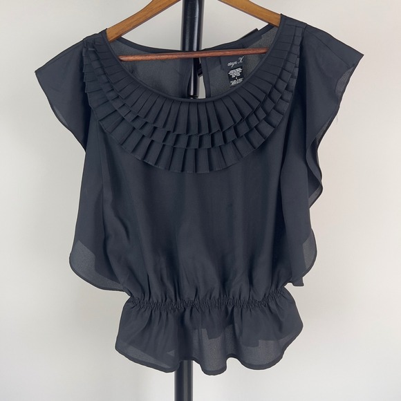 Aryn K Tops - Aryn K Black Pleated Ruffle Neck Peplum Blouse Flutter Sleeve Small Boutique